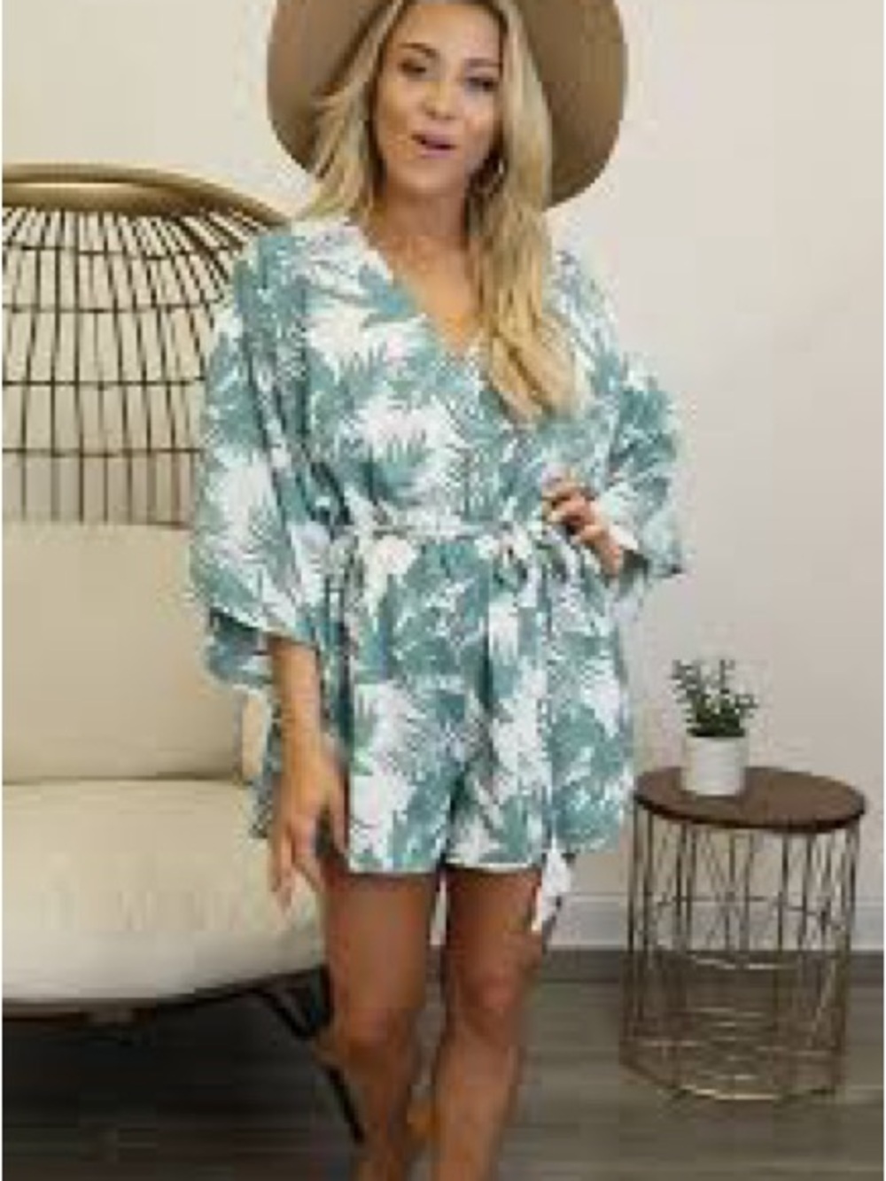 Pink Lily Sage Green Floral Kimono Romper
